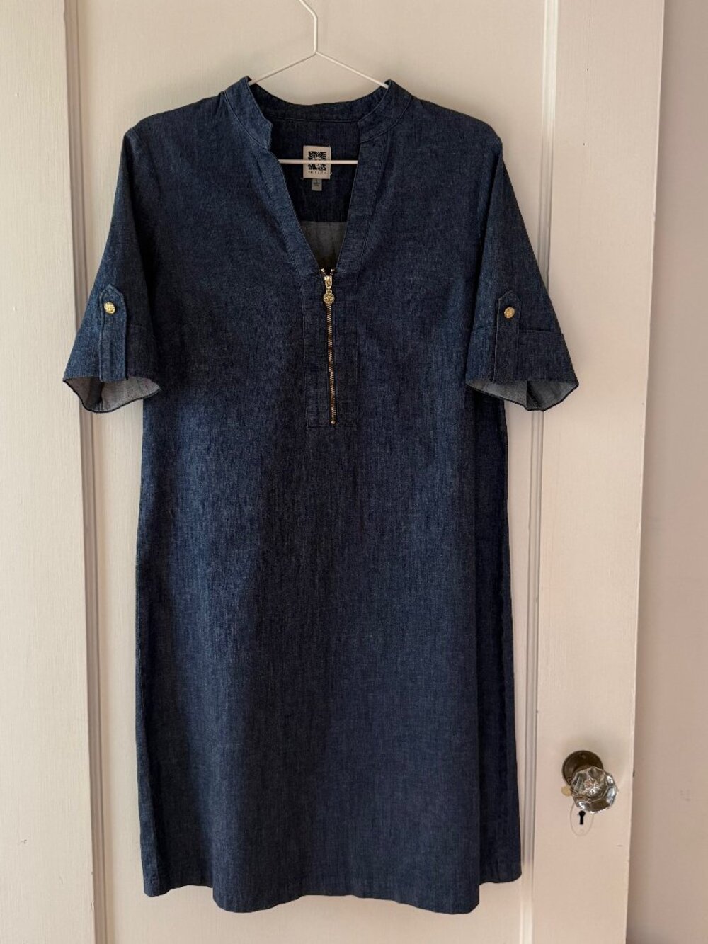 Anne Klein Lightweight Denim Gold Zipper Shift Dress Sz 6